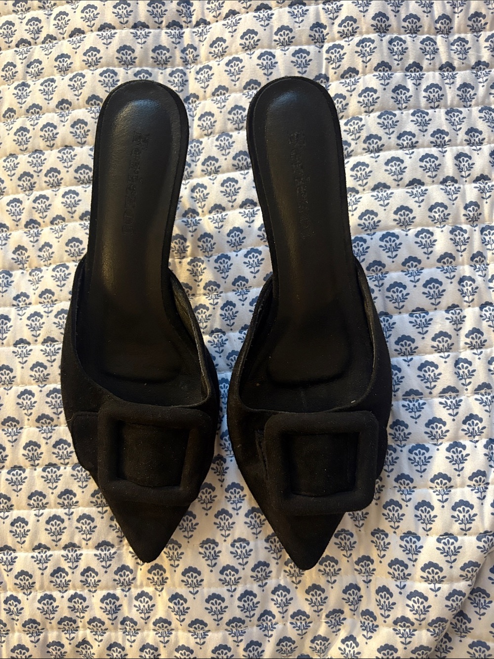 Women's faux suede Black Pointed Slip-On kitten heel Mules with Buckle Accent